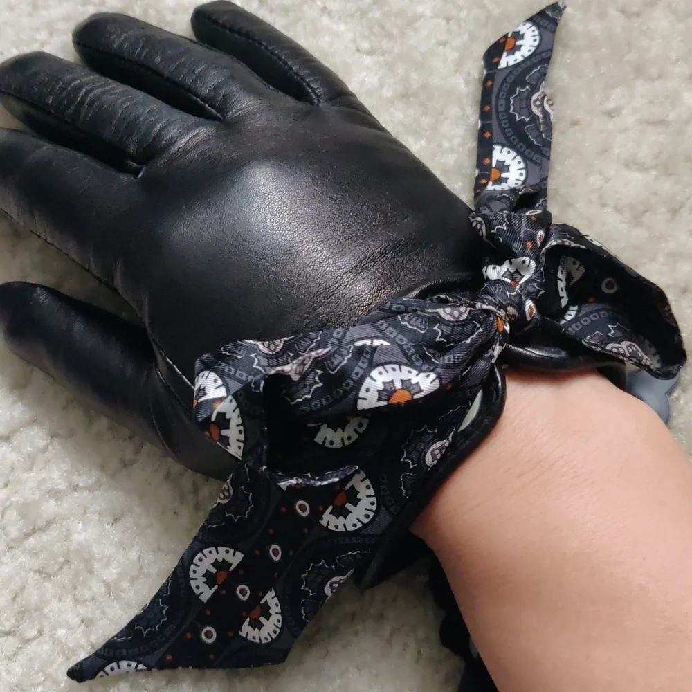 New!Echo Elegant Black Leather Gloves with Scarf Detail Vintage Inspired Y2k